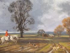 ALISON GUEST (B. 1951), ARR. A HUNTSMAN AND THREE HOUNDS CROSSING WET GROUND BEFORE OAST HOUSES, OIL