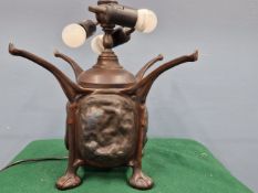 AN ORGANIC BRONZE TABLE LAMP BASE ATTRIBUTED TO TIFFANY, THE ARMS TO HOLD THE SHADE RUNNING DOWN