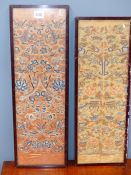 TWO FRAMED PAIRS OF CHINESE EMBROIDERED SILK SLEEVE PANELS