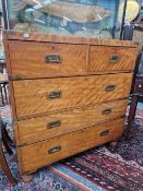 A PAIR OF 19th C. SATIN BIRCH TWO PART CAMPAIGN CHESTS, EACH WITH TWO SHORT AND THREE LONG DRAWERS
