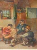 WILLIAM HILL (19th C.), A ROADSIDE MEAL AND THREE DRINKERS IN AN INTERIOR, OILS ON PANEL,