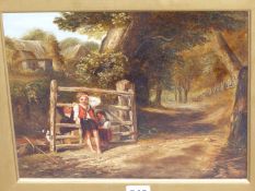 AFTER WILLIAM COLLINS, RUSTIC CIVILITY, CHILDREN OPENING A ROAD GATE, OIL ON CANVAS. 25 x 29.5cms.