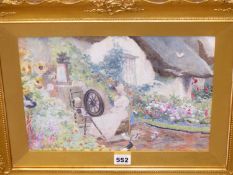 DAVID WOODLOCK (1842-1929), A LADY SEATED AT HER SPINNING WHEEL IN A COTTAGE GARDEN WITH FLOWERS AND
