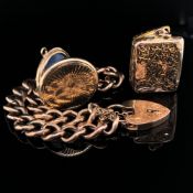 A VINTAGE 9ct ROSE GOLD CHARM BRACELET, COMPLETE WITH SAFETY CHAIN AND PADLOCK CLASP. THE CLASP