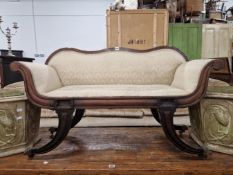 A 19th C. MAHOGANY SHOW FRAME MINIATURE SETTEE, THE WAVY TOP RAIL ABOVE SCROLLED OUT ARMS, THE