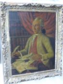 FRENCH OLD MASTER SCHOOL, A STUDY OF A GENTLEMAN IN HIS LIBRARY, OIL ON CANVAS, CARVED GILTWOOD