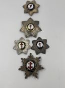A GROUP OF FIVE MASONIC BREAST STAR JEWELS, TWO HALLMARKED SILVER EXAMPLES AND THREE SILVER