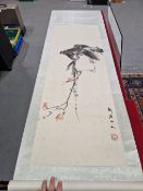 THREE CHINESE SCROLLS DEPICTING AN EAGLE PERCHED ON A FLOWERING BRANCH 131 x 45.5cms. A BRIDGE TO AN
