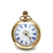 AN ANTIQUE FRENCH OPEN FACE FOB WATCH. THE BACK COVER STAMPED 14K, ASSESSED AS 14ct GOLD. THE DUST