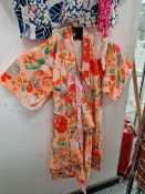 TRADITIONAL DESIGN CHINESE CLOTHING TO INCLUDE A VINTAGE PRINTED LINEN KIMONO, A RED BLOSSOM PRINT