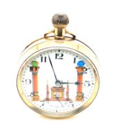 A VINTAGE MASONIC OPEN FACE ROLLED GOLD SWISS MADE POCKET WATCH. CASE DIAMETER 48mm.