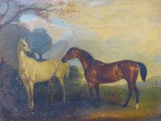 19th C. BRITISH SCHOOL, TWO HORSES STANDING BY A TREE, OIL ON CANVAS, INSCRIBED INDISTINCTLY