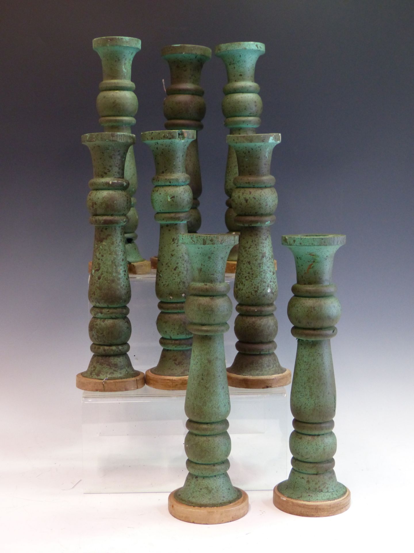 A SET OF EIGHT TURNED WOOD CANDLESTICKS WITH BIRDS EGG BLUE PAINTED DECORATION. - Image 2 of 3