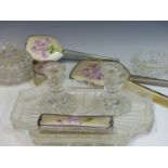 A MID 20TH CENTURY GLASS DRESSING TABLE SET, A SIMILAR PERIOD BRUSH AND MIRROR SET, A FAN AND A