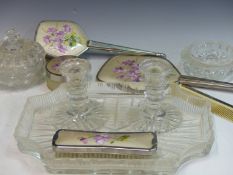 A MID 20TH CENTURY GLASS DRESSING TABLE SET, A SIMILAR PERIOD BRUSH AND MIRROR SET, A FAN AND A