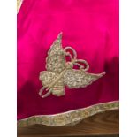 A FINE INDIAN PINK SILK SARI WITH MATCHING JACKET TOP AND LINEN TROUSERS, THE SARI WITH GOLD