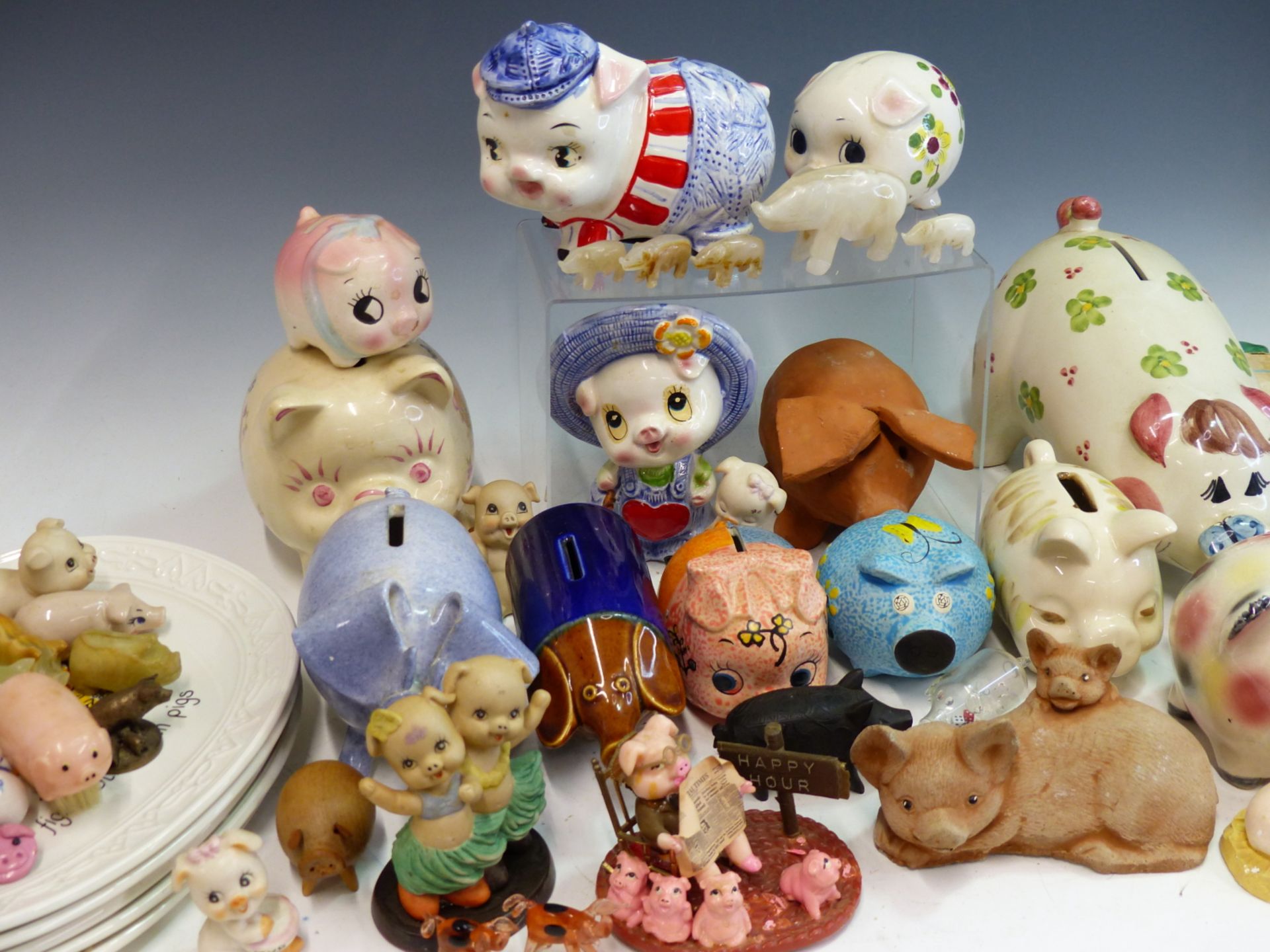 A COLLECTION OF PIG ORNAMENTS AND VARIOUS DECORATIVE CHINAWARES.