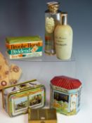 A VINTAGE PACK OF BROOKE BOND TEA, TWO ADVERTISING TINS, A BOXED SET OF DISHES, A CHRISTIAN DIOR