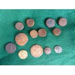 COINS- SEVEN ANTIQUE INDIAN SULTANATE COPPER COINS. TOGETHER WITH A GROUP OF SIX 20TH CENTURY COPY