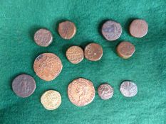COINS- SEVEN ANTIQUE INDIAN SULTANATE COPPER COINS. TOGETHER WITH A GROUP OF SIX 20TH CENTURY COPY