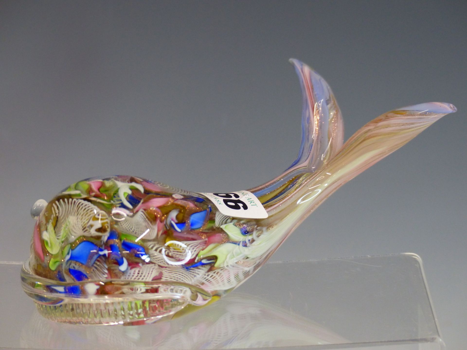 A LARGE MILLEFIORI FISH FORM PAPERWEIGHT.