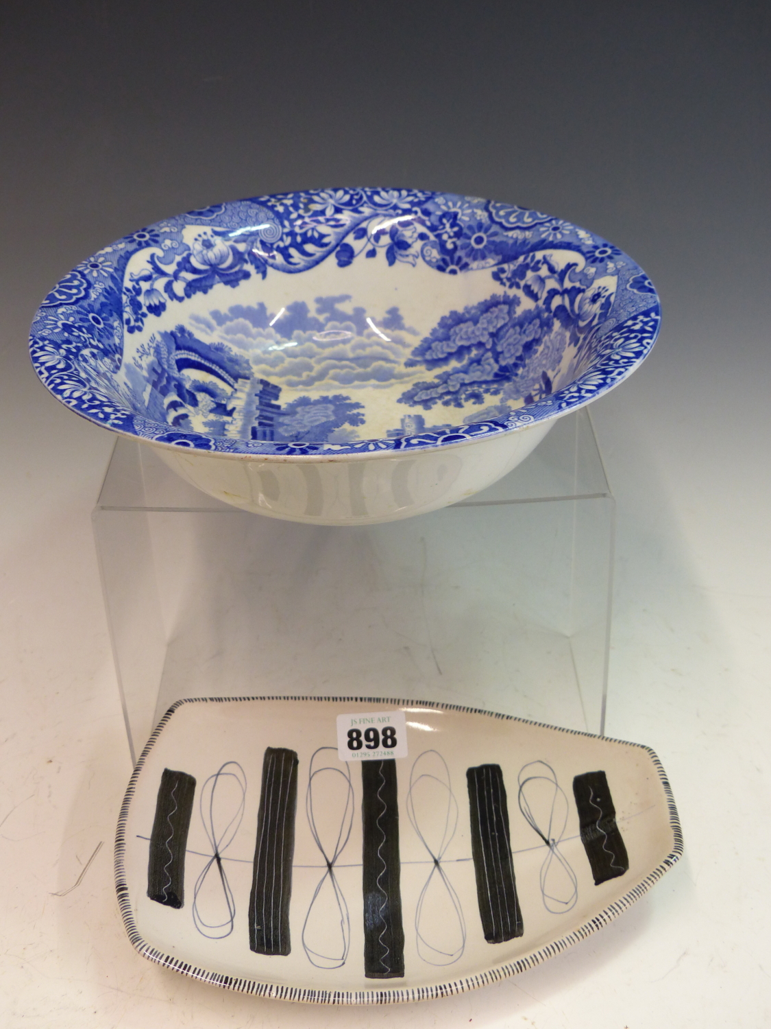 A SPODES ITALIAN BLUE AND WHITE BOWL AND RYE POTTERY BOWL.