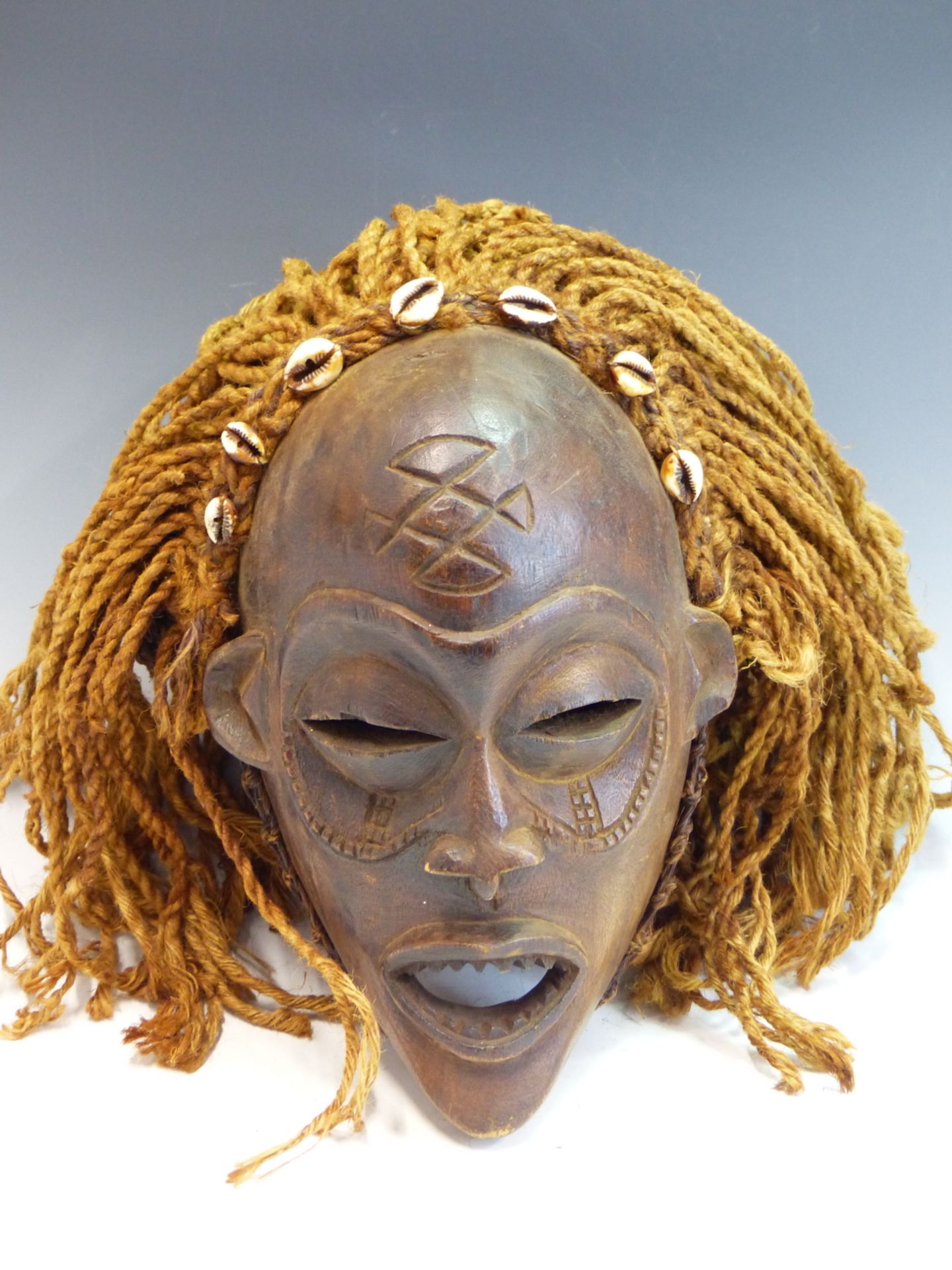 THREE VINTAGE AFRICAN CHOKWE (CONGO) CARVED HARDWOOD MASKS, 2 WITH COWRIE SHELL AND ROPE ROPE HAIR - Image 3 of 3