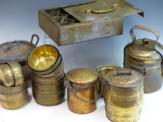 AN EXTENSIVE COLLECTION OF INDIAN BRASS COOKWARES, SPICE BOXES, PLATES, BOWLS ETC.
