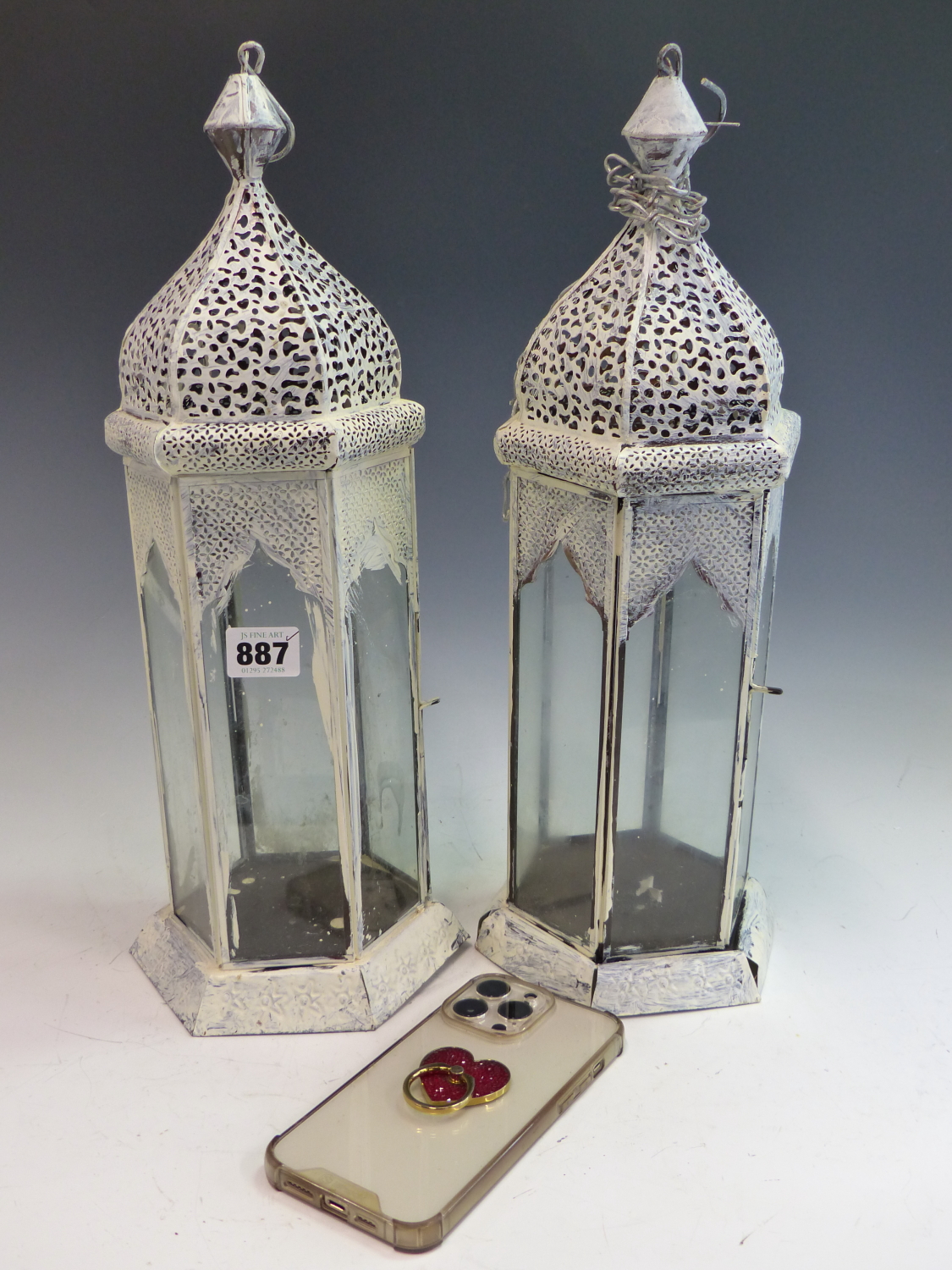 A PAIR OF PAINTED GLAZED HANGING CANDLE LANTERNS. - Image 2 of 2