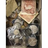 A COLLECTION OF ANTIQUE AND LATER COINS AND BANK NOTES DATED TO INCLUDE 1834, 1874, 1887 ETC.