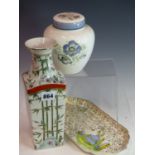 A JAPANESE SQUARE BODY VASE, AN ART DECO SANDWICH TRAY AND A WEDGEWOOD SUSIE COOPER DESIGN GINGER