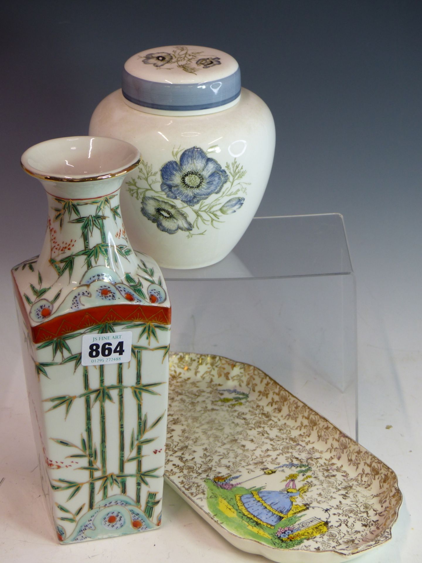 A JAPANESE SQUARE BODY VASE, AN ART DECO SANDWICH TRAY AND A WEDGEWOOD SUSIE COOPER DESIGN GINGER