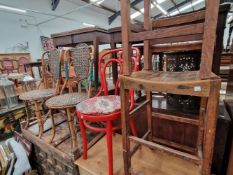 TWO STOOLS, TWO BAMBOO CHAIRS AND A RED PAINTED CHAIR.