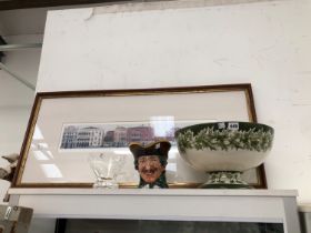 A DOULTON CHARECTER JUG, A LARGE HOLLY DECRORATED BOWL, A GLASS VASE AND A PRINT.