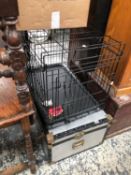 A LARGE CABIN TRUNK CONTAIN KITCHENALIA AND A PET CAGE