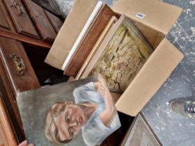 A QUANTITY OF OIL PAINTINGS, PORTRAITS, LANDSCAPES AND A WATERCOLOUR SKETCH BOOK ETC.