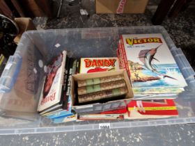 A BOX OF CHILDREN ANNUALS AND THREE LEATHER BOUND BOOKS