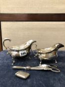 TWO HALLMARKED SILVER SAUCE BOATS AND A PAIR OF SILVER GRAPE SCISSORS 599 gms. TOGETHER WITH A