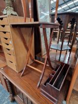 A OAK FILE CHEST, A STATIONERY RACK, TWO OCCASIONAL TABLES AND A WALKING STICK