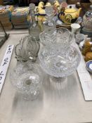 FOUR GLASS BOWLS TOGETHER WITH TWO DECANTERS