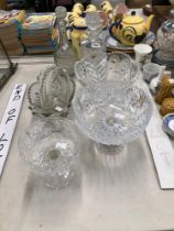 FOUR GLASS BOWLS TOGETHER WITH TWO DECANTERS