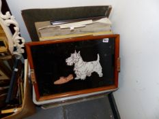 AN EARLY 20thC TRAY DEPICTING A TERRIER TOGETHER WITH A QUANTITY OF PICTURES AND FRAMES