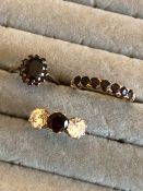THREE 9ct GOLD HALLMARKED GARNET AND CZ SET DRESS RINGS (ONE WITH RUBBED HALLMARK) FINGER SIZES M, O
