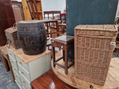 A WICKER LAUNDRY BIN, A HARDWOOD ORIENTAL PLANT STAND, A BAMBOO BOX, AND A BARREL.
