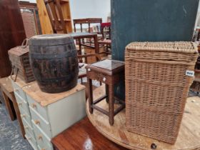 A WICKER LAUNDRY BIN, A HARDWOOD ORIENTAL PLANT STAND, A BAMBOO BOX, AND A BARREL.