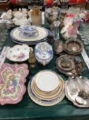 ELECTROPLATE, A COCKEREL TUREEN, TWO WORCESTER TUREENS, PLATTERS, A CROWN DRESDEN AND A PARIS FLOWER