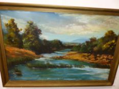 SYNDNELL (?) 20thC OIL ON CANVAS A RIVER SCENE 58cm x 90cm TOGETHER WITH A QUANTITY OF SIGNED AND