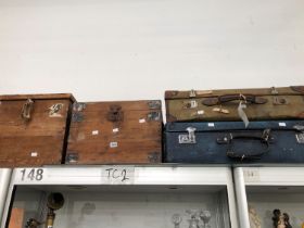 TWO SUITCASES TOGETHER WITH TWO WOODEN TUCK BOXES