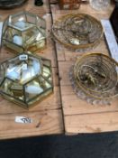 A PAIR OF BEVELLED GLASS AND BRASS HEXAGONAL WALL LIGHTS TOGETHER WITH TWO CEILING LIGHTS HUNG