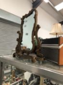 A ROBERTS RADIO, GREEN TELEPHONE SET, LEATHER SUITCASE AND A GILT FRAMED DRESSING TABLE MIRROR